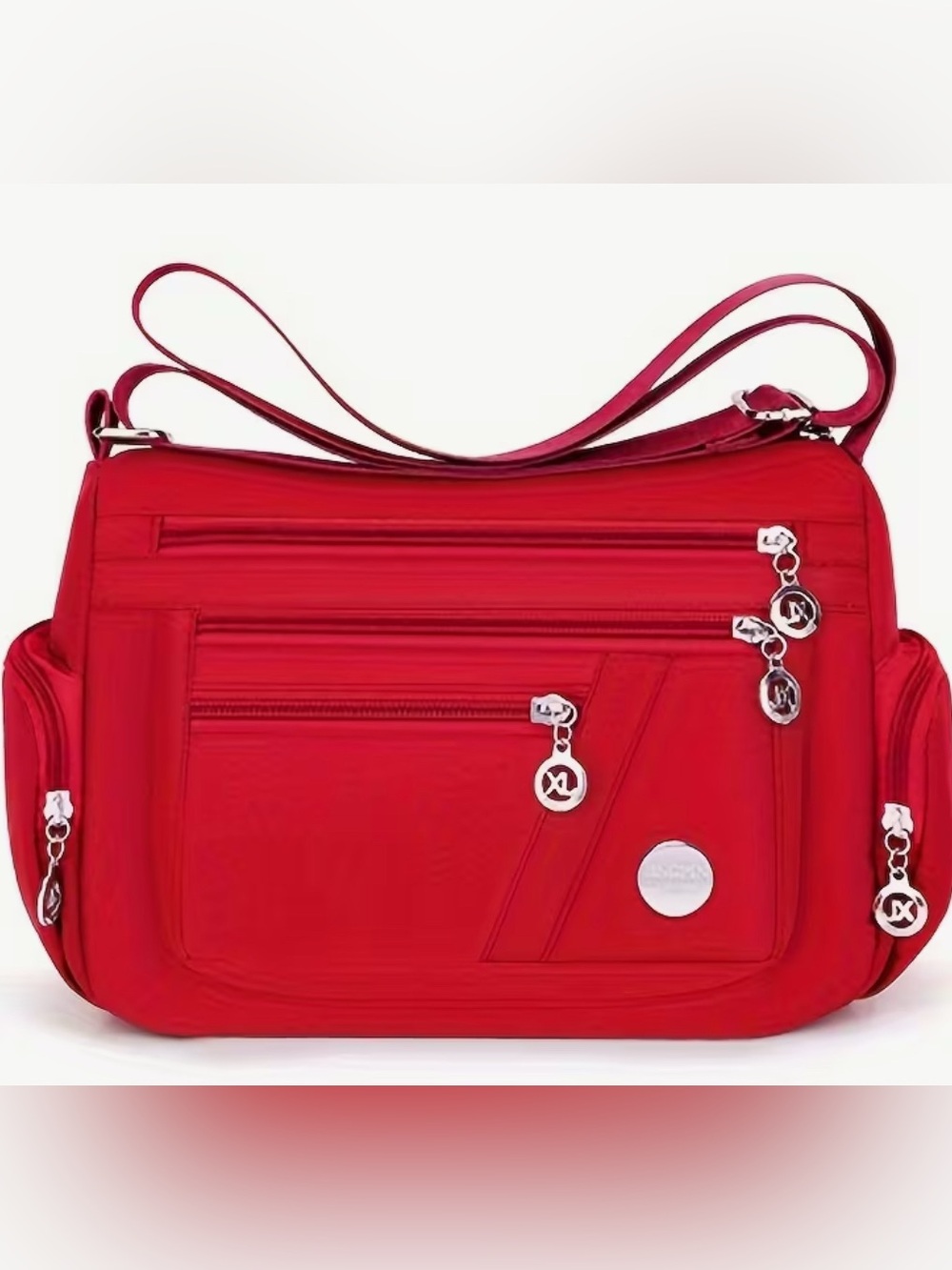 1-Red Crossbody Shoulder Bag with Silver Accents and multiple pockets